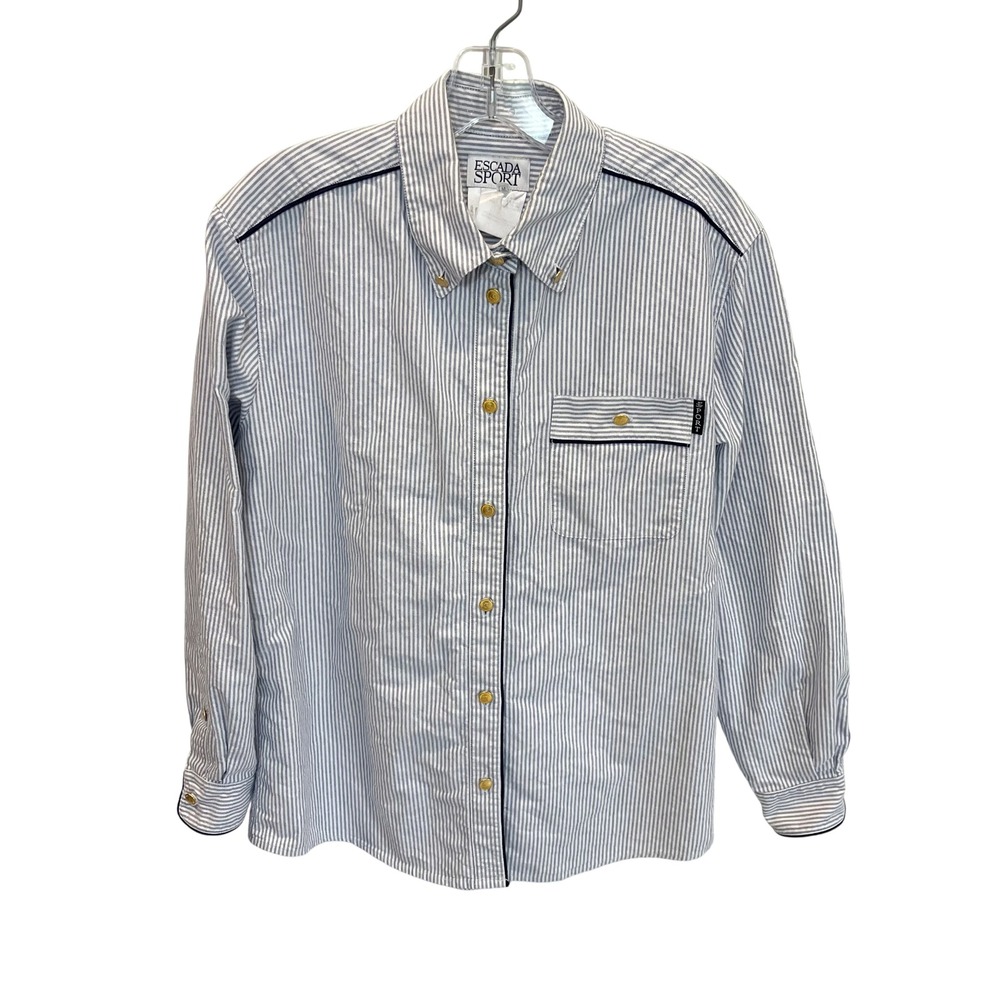 Escada‎ Sport Womens Blue Striped Button Down Shirt Gold Buttons Nautical MEDIUM